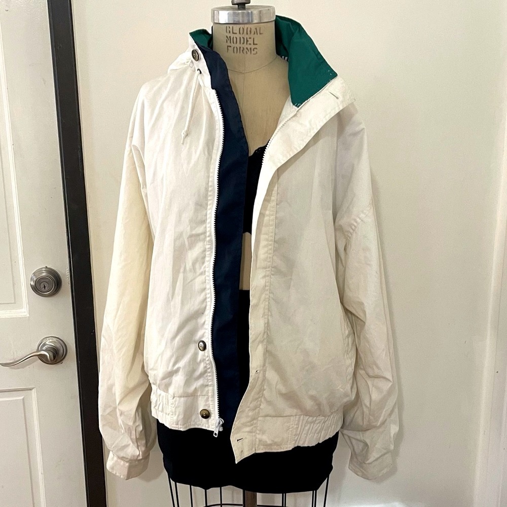 Vintage 1990s Cream and Blue Windbreaker Jacket| Unisex Adult Clothing